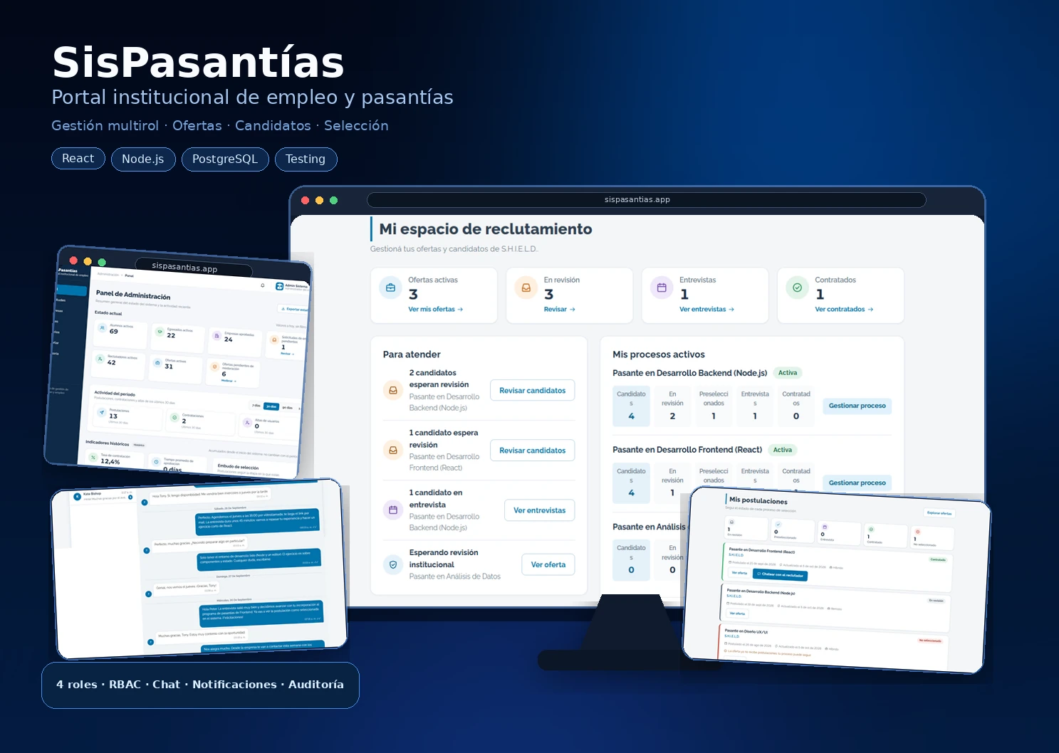 Vistas de escritorio de SisPasantías: espacio de reclutamiento, panel de administración, chat y postulaciones del alumno